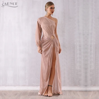 

Adyce 2020 New Autumn Women Celebrity Evening Party Dress Sexy One Shoulder Long Sleeve Slash Neck Khaki Maxi Club Dress Vestido