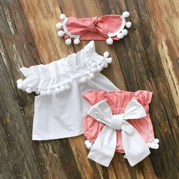 

Cute Newborn Baby Girl Outfits Clothes Tassels Sleeveless Tank Tops+Big Bowknot Shorts+Headband 3Pcs Baby Girl Cotton Sets 0-24M