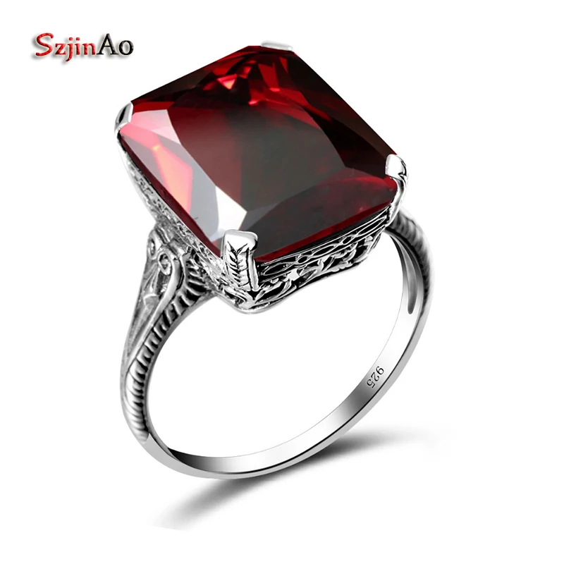 Szjinao New Trend Romantic Square Big Garnet Exquisite Luxury Noble 925 Sterling Silver Crystal Rings for Women