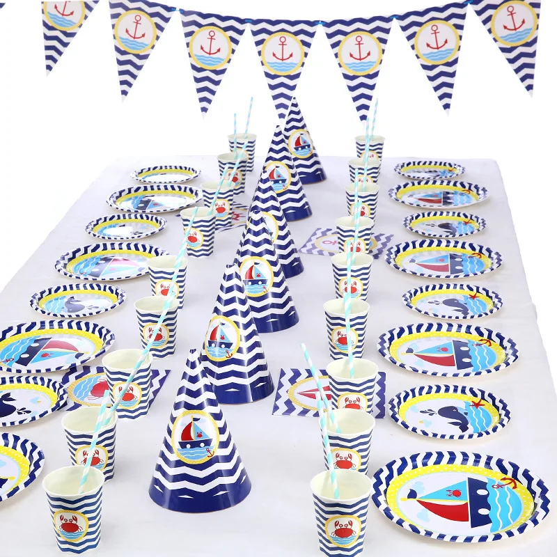 

70pcs/set Sea Whale Disposable Tableware Birthday Party Paper Plates Cups Plastic Fork Carnival Christmas Party Supplies