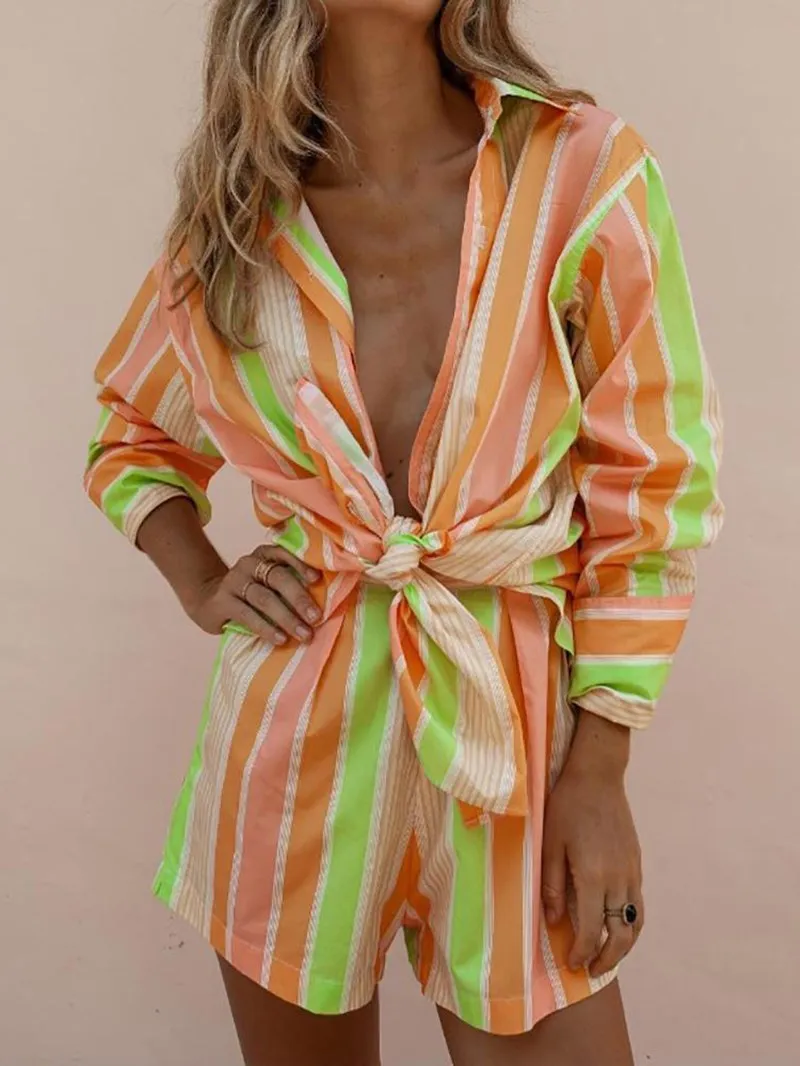 

2019 Rainbow Striped Shirt Shorts Set Women's Suits Summer Two Piece Set Casual Long Sleeve Single Breasted Shirt Outfits