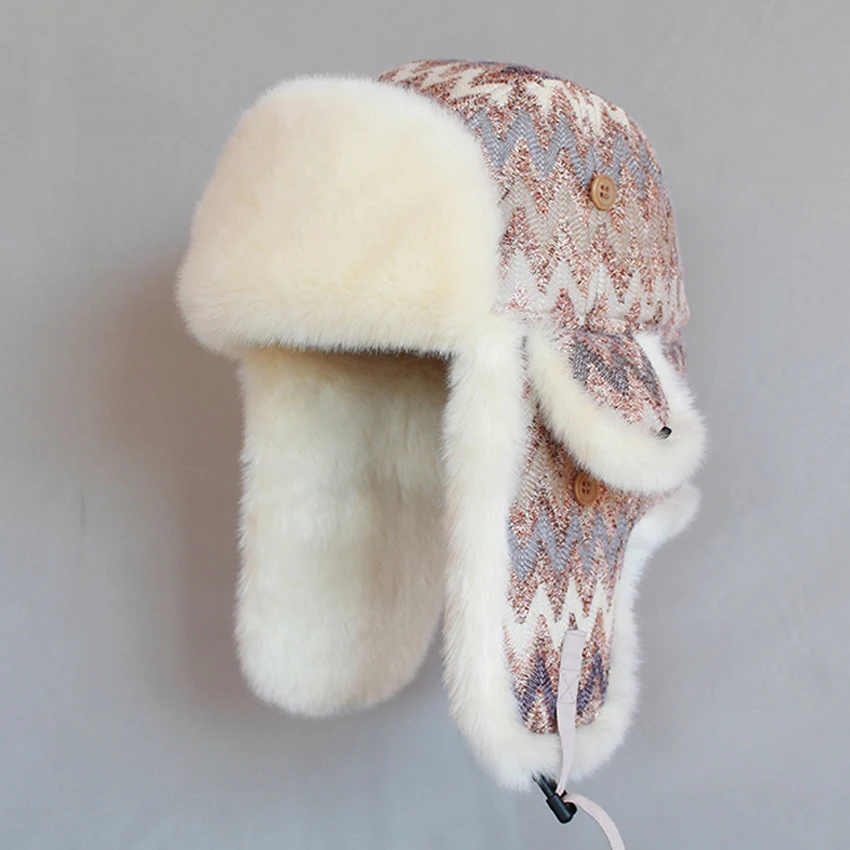 Winter Women Bomber Hat Wool Knitted Aviator Hat Russian Ushanka
