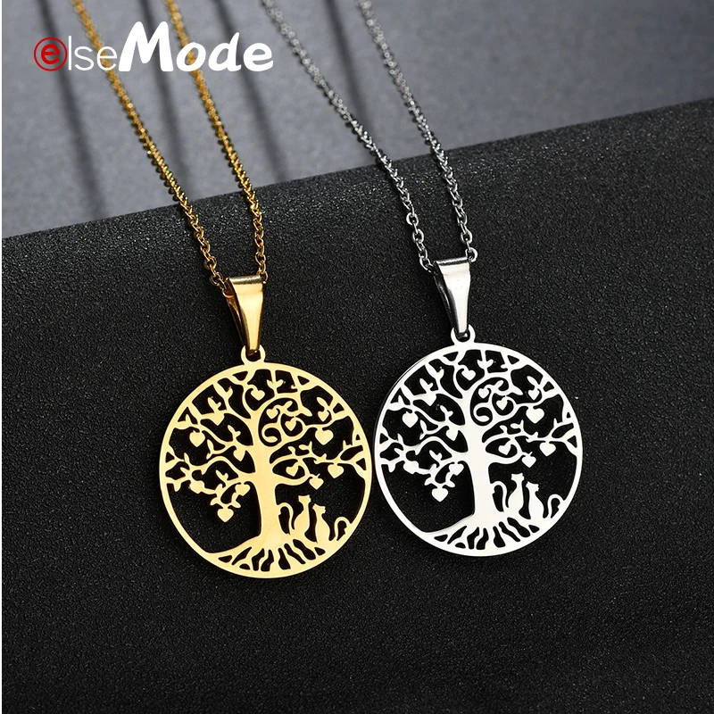 

ELSEMODE Hollow Tree Of Life Round Pendant Necklace for Women Gold Titanium Stainless Steel Two Cats Necklace Love Jewelry Gifts