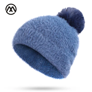 

Women's autumn and winter new warm and comfortable knitted cotton hats solid pompoms fashion fur unisex ski caps slouchy beanie