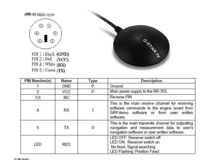 BR-355S4 Кабель gps с интерфейсом PS2(SiRF Star IV