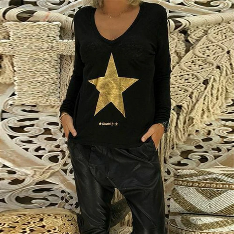 Long Sleeve Women Autumn Spring T-shirt Tops Star Printed Ladies Fashion Women T-Shirt - Цвет: Цвет: желтый