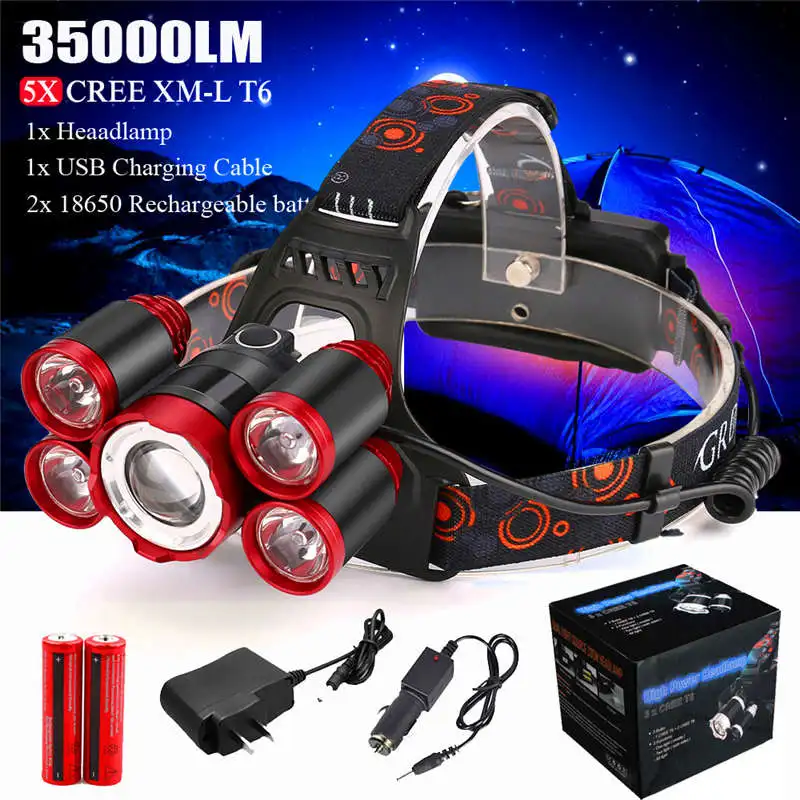 35000 LM 5X XM-L T6 powerful led flashlight Rechargeable Headlamp Headlight Travel led flashlight Head Torch 18650 #4S6 (6)