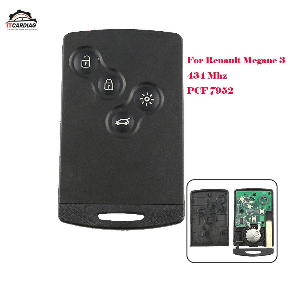 

Remote Card Smart Car Key for Renault Megane 3 Remote key 4 button remote key 434mhz pcf7952 chip for Megane 3