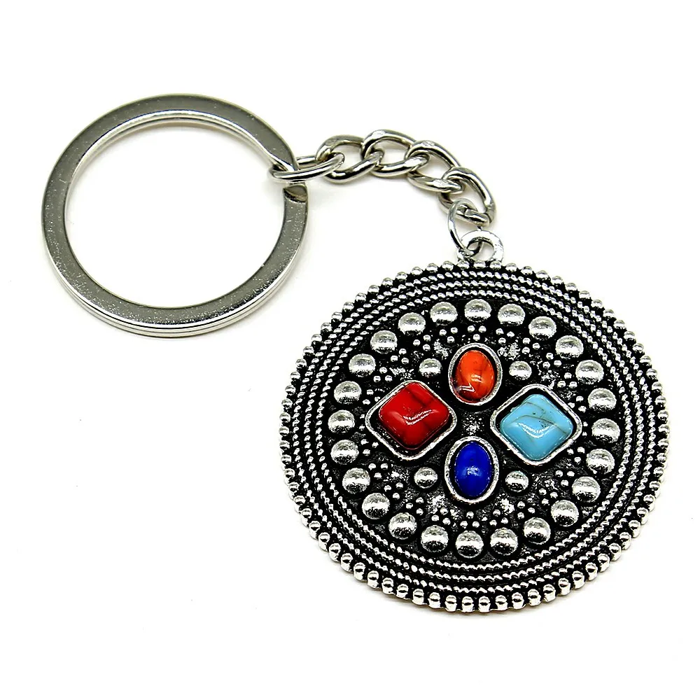 

WYSIWYG 5 Styles Ethnic Antique Silver Color Natural Stone Howlite Waterdrop Round Pendant KeyChain Party Gift