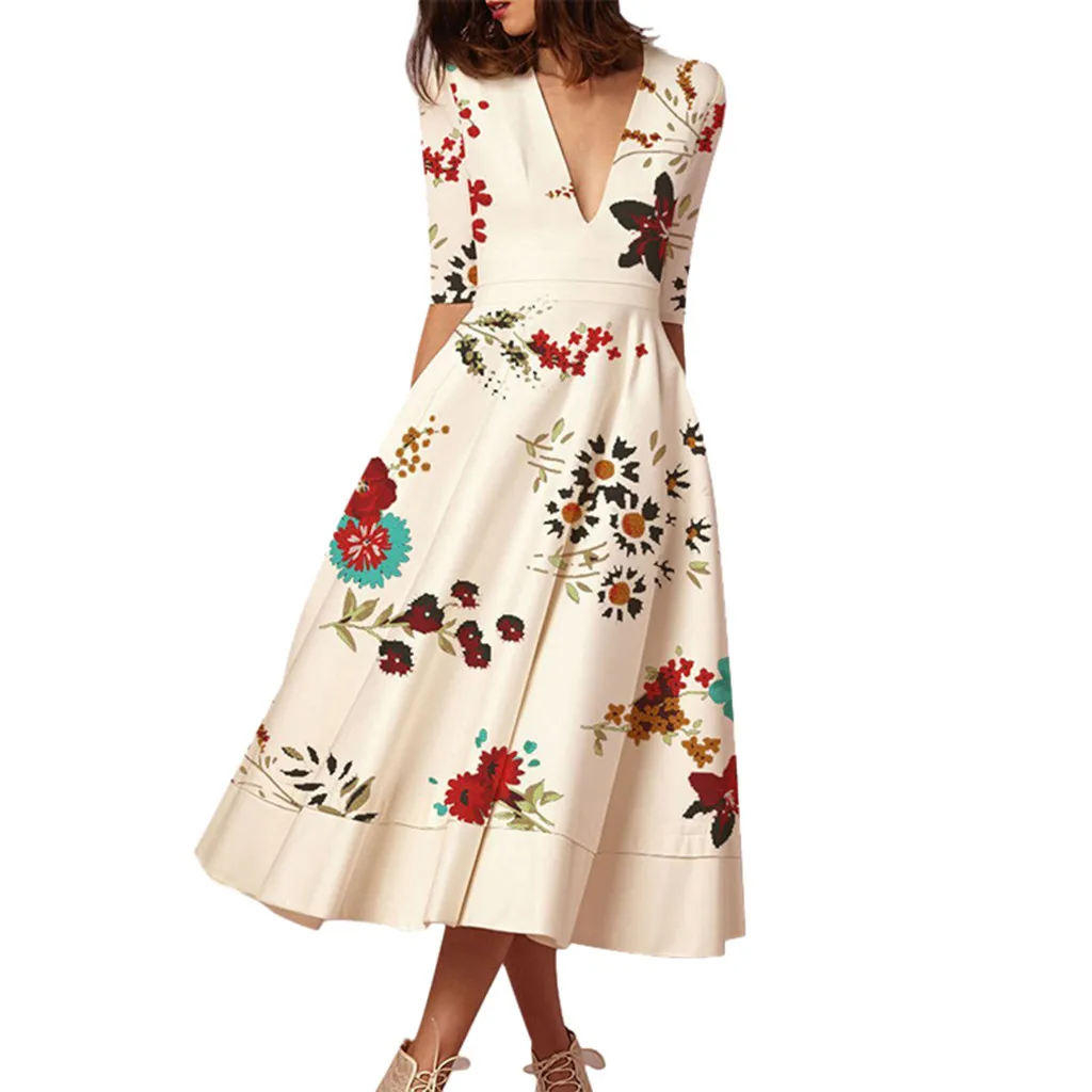 Женское летнее платье с принтом, женское элегантное платье с v-образным вырезом и рукавом средней длины, Клубное платье vestito donna estate Vestidos Verano robe vintage - Цвет: White