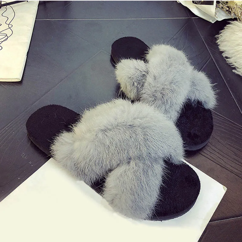 

Women Winter Cross Strap Flock Warm Plush Flat Slippers Ladies Comfortable Home Shoes Female Fashion Casual Vintage Footwear