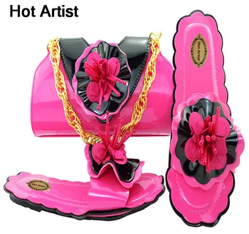 

Hot Artist Hot Selling Italian Shoes With Purse Sets Decorated With Flowers Low Heels Shoes And Bags Set Purse For Party MM1053