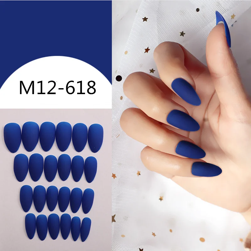 

Royal Blue Long Fake Nails Matte False Nails Stiletto Frosted Rounded Nail Fake Press On Fingernails Nageltips For Fingers