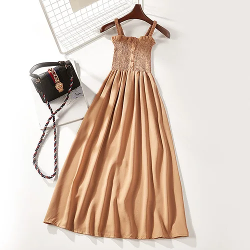 Khaki Solid Новое летнее богемное платье на бретельках, шифоновое тонкое мягкое женское пляжное платье с принтом, женское свободное платье - Цвет: Khaki Solid