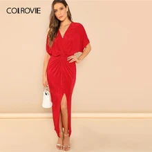 COLROVIE красные однотонные вечерние женские платья с v-образным вырезом Летняя мода короткий рукав сексуальное длинное платье элегантные женские платья