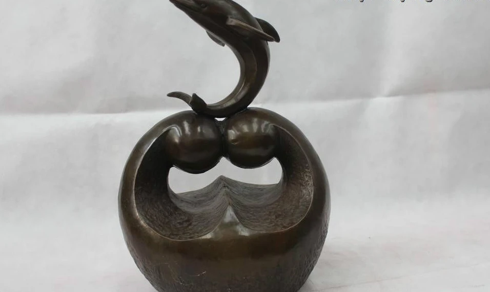 

13"China Chinese Folk Art Copper beautiful Lucky jump dolphin Statue
