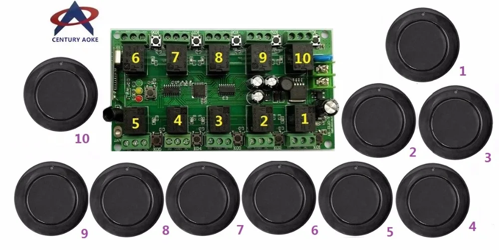 

DC12V 10A 10CH RF Беспроводная система дистанционного управления 1 приемник + 10 * черный круглый передатчик индивидуальный код обучения двери/лампа