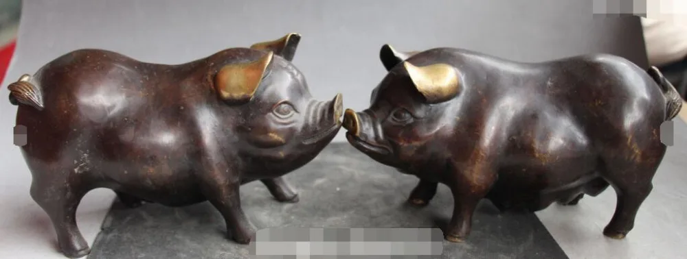 

8" Chinese Fengshui Bronze Gilt Auspicious Foo Fu Pig Hog Animal Pair Statue