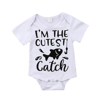 

The Cutest Fish Catch Newborn Baby Boy Girl Short Sleeve Letter Print Cotton Romper Jumpsuit Outfits Baby Clothes