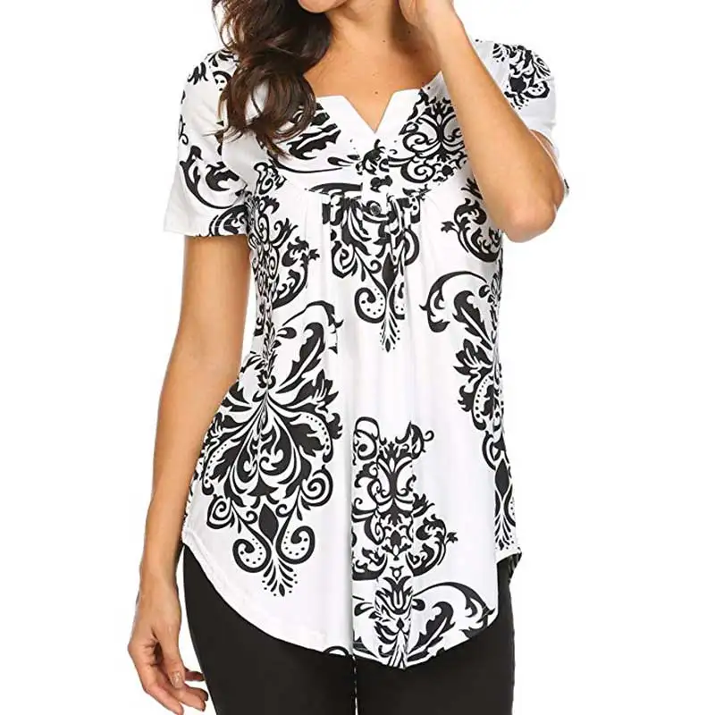 

2019 New Fashion Printed Button Decoration Tshirt Women V Neck Short Sleeve Summer T Shirt Women Irregular Hem T-shirt