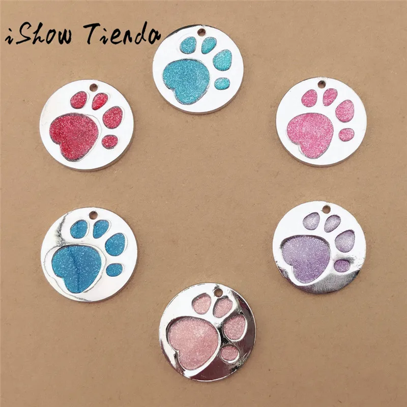 

ISHOWTIENDA 25mm Pet Footprints ID Card Personalised Engraved Glitter Paw Print Tag Dog Cat Pet ID Tags Reflective