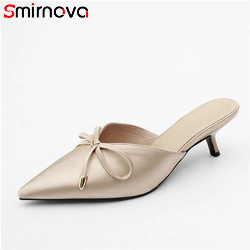 

Smirnova 2018 fashion summer women sandals pointed toe thin high heels shoes bowknot top quality mules shoes wedding shoes woman