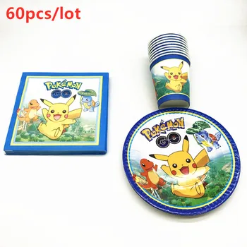 

60Pcs Pokemon Go Theme Child Birthday Party Pikachu Tableware Cup Plate Napkins Baby Shower Decoration For Family Party Supplies