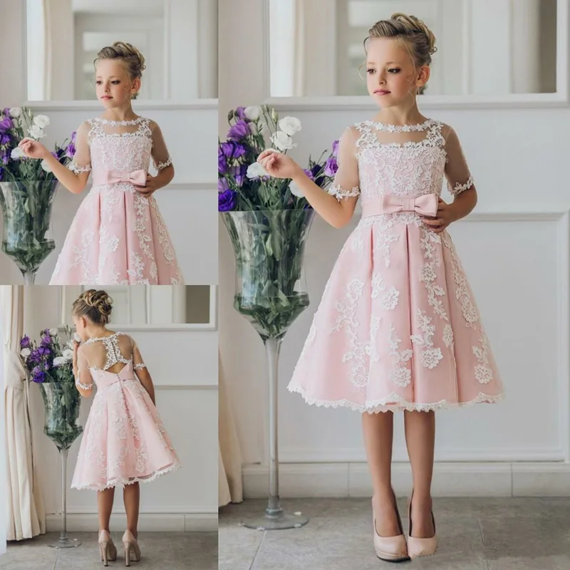 Платья с цветочным узором для девочек; розовые кружевные платья с аппликацией и короткими рукавами для первого причастия; нарядные платья для девочек