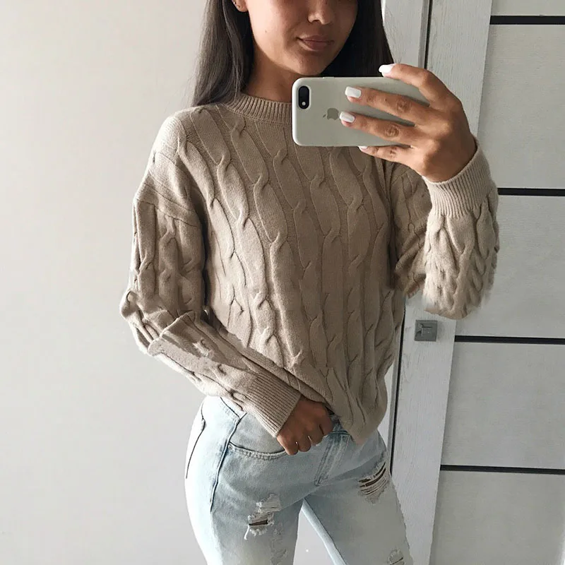 Women Sweater  Long Sleeve Twist Knitt sweater Women's Pullovers  O Neck Ribbed Short Sweater Women
