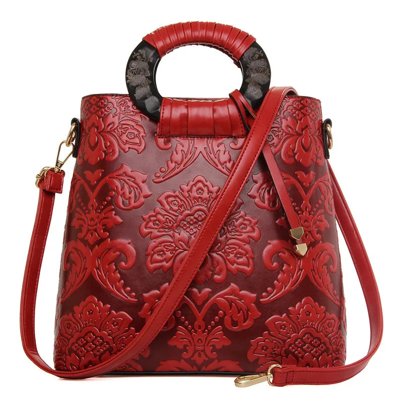 Кожаная женская сумка в китайском стиле, винтажные национальные сумки, напорный декоративный узор, коммерческая Портативная сумка на одно плечо - Цвет: red