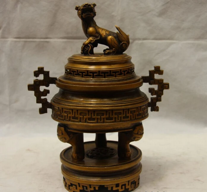 

Collectible bronze S2584 China Bronze Copper Home Decoration Fu Foo Dog Lion Palace Incense Burner Censer
