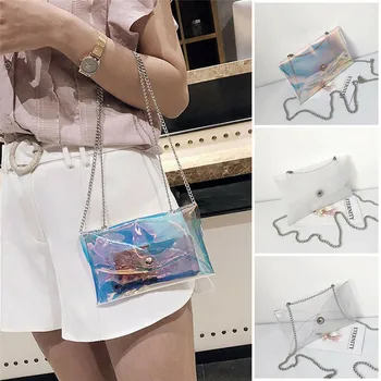 

Women Crossbody Transparent Alphabet Jelly Bags Shoulder Messenger Tote Party Chain Laser Handbags PVC Mini Chain Bag Clear Tote