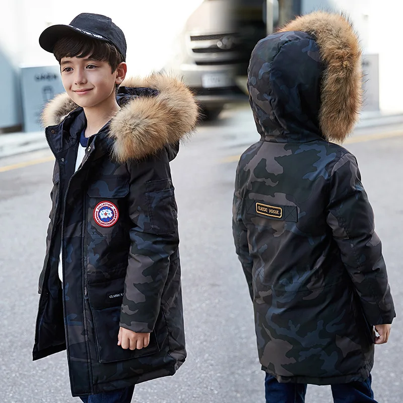

Boys Winter Jacket Down Tops for Big Boy with Real Fur Hooded Kurtki Zimowe Boys Winter Clothing Kids Winter 2018