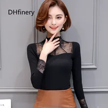 DHfinery Модальная Футболка женская осень зима длинный рукав кружево Водолазка сетка цветок вышивка черный плюс бархат футболка FA022