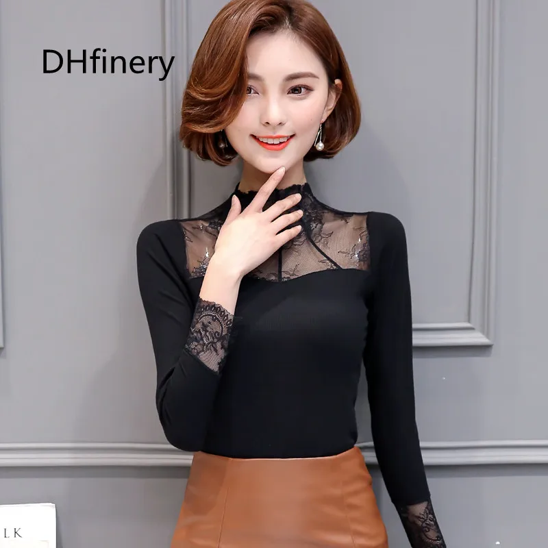 

DHfinery modal t shirt women autumn winter long sleeve lace turtleneck Mesh flower embroidery black plus velvet tshirt FA022