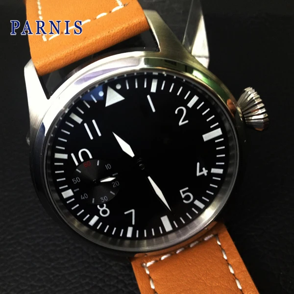 

Hot Sale 46mm Parnis Watches 6498 Hand Winding Movement Black Dial White Numbers Men's Wristwatch Brown Watch Band