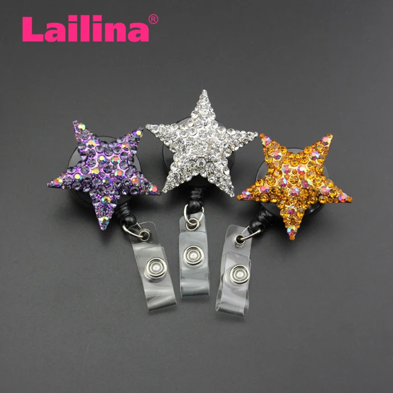 

nurse Random Five pointed Star Rhinestone Crystal Brooch ID Badge Name Holder Retractable Pull Reel