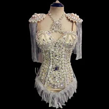 

Sparkly Rhinestones Fringes Jumpsuit Women Birthday Celebrate Costume Tassel Bodysuit Performance Evening Dance Show Wear DJ DS