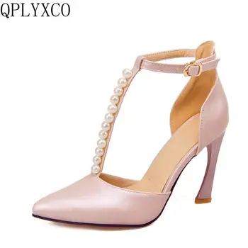 

QPLYXCO Fahion Elegant Sandals shoes woman Big Size 32-43 Pointed Toe pumps Ankle Strap High Heels party wedding Shoes 2051-2