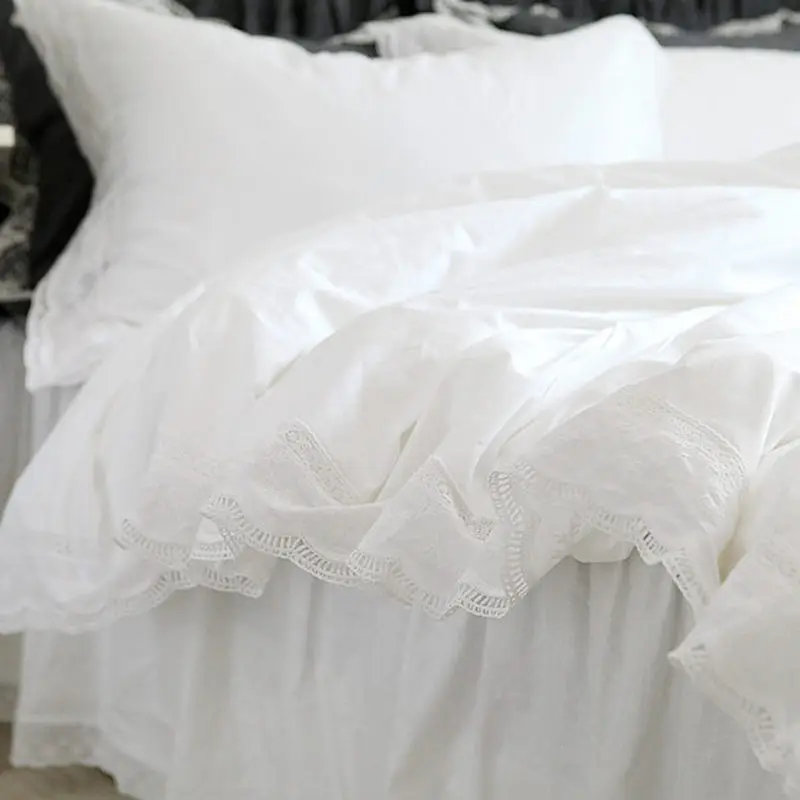 Conjunto de Cama Novo Superior Elegante Bordado Rendas Plissado Capa Edredão Confortável Roupa Cama Branca Disponível Personalizado Conjunto
