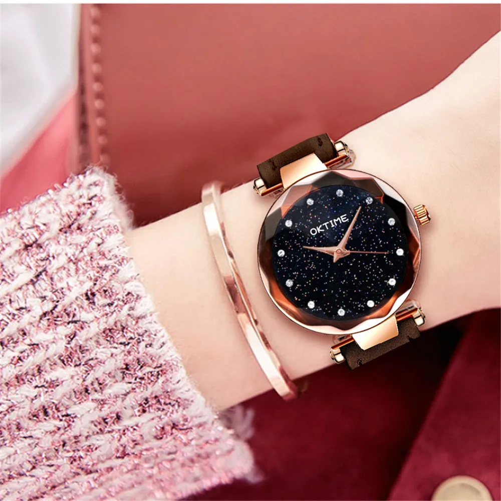 

Women Wristwatch Romantic Starry Sky Leather Band Diamond Rhinestone Designer Ladies Clock Wholesale Brand Zegarki Damskie F4