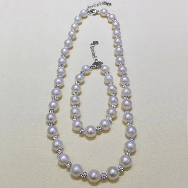 Fashion crystal freshwater pearls strands necklace bracelet fine jewewlry set for women Mom high luster pearl 9-10mm diameter (3)