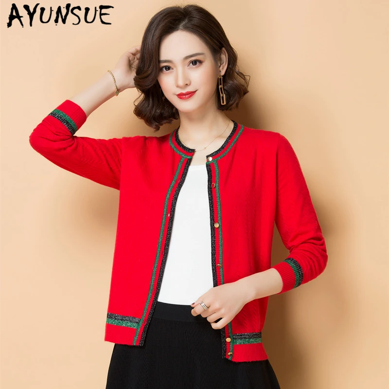 

AYUNSUE 2019 New Spring Cashmere Cardigan Short Women's Sweater Elegant Ladies Korean Knitted Red Coat Loose Casual Jacket Women