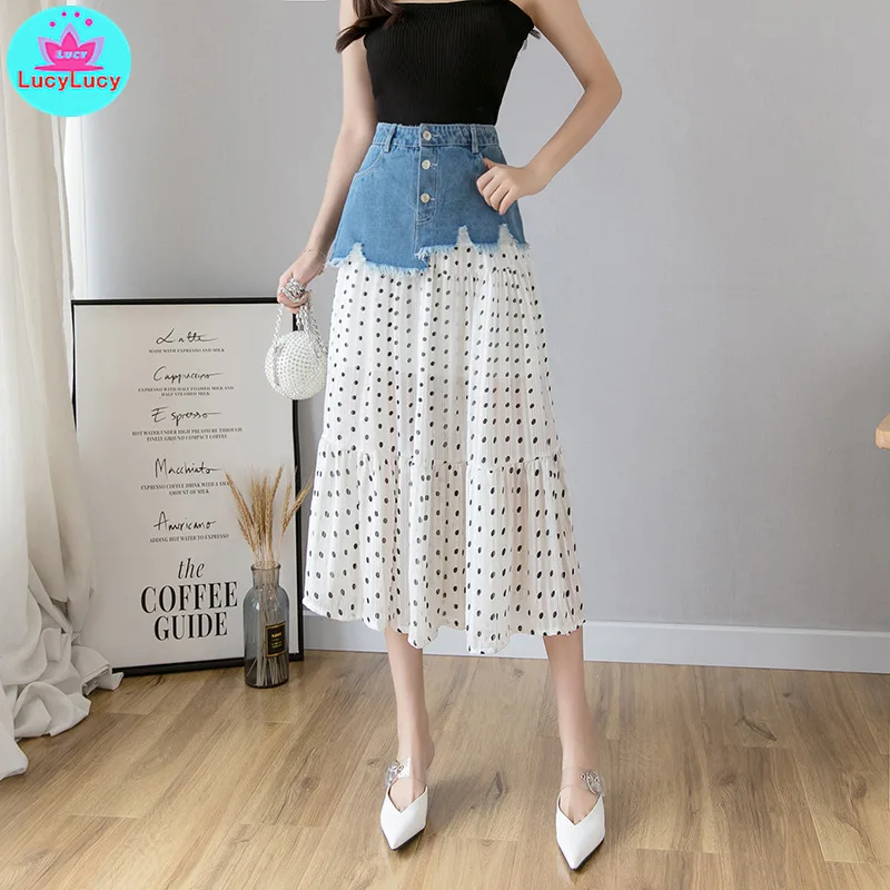 

2019 summer new high waist small fresh wash water splicing wave point chiffon denim A word skirt female Knee-Length