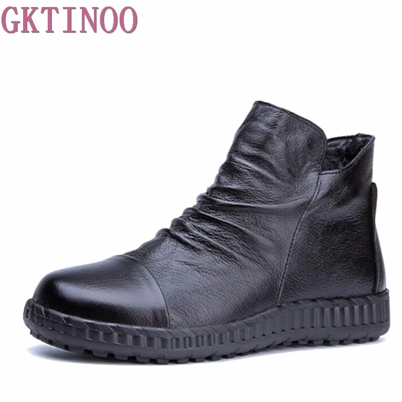 

GKTINOO Genuine Leather Women Ankle Boots Autumn Solid Women Boots Casual Winter Shoes Flat Boots Woman