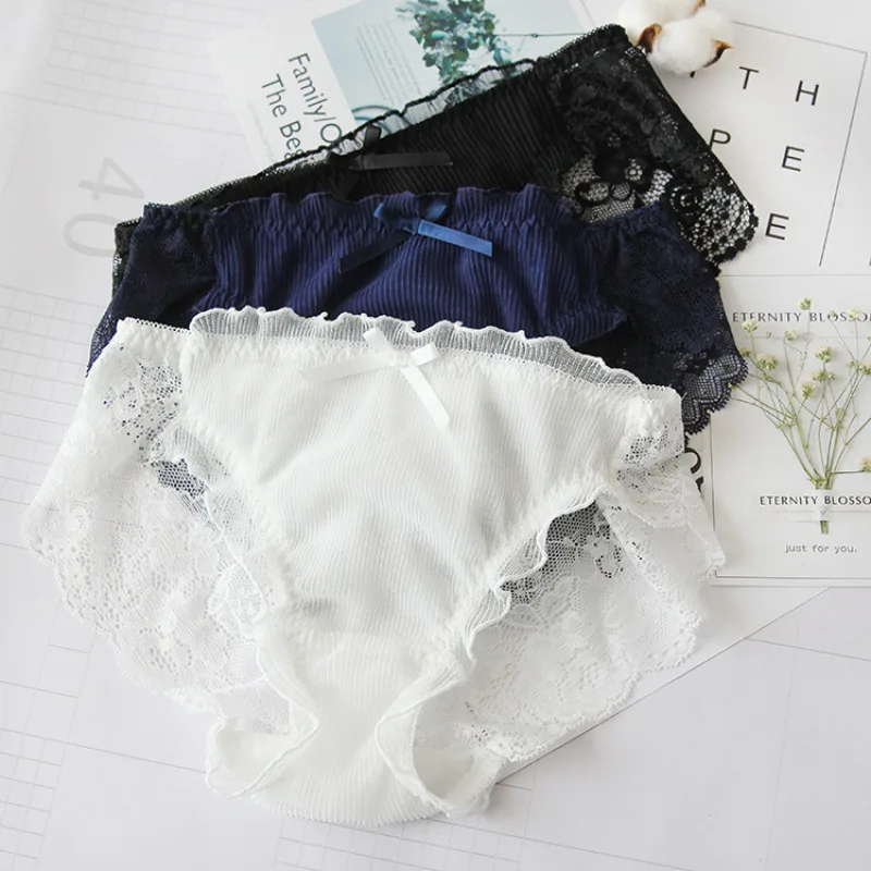 

Back Hollow Lace Seamless Women Panties Ruffle Bow Cute Lovely Sweety Lady Underwear Transparent Sexy Solid Cotton Crotch Breifs
