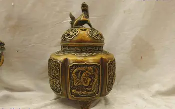 

9" China bronze copper Foo Dogs phoenix flower censer fine incense burner Statue