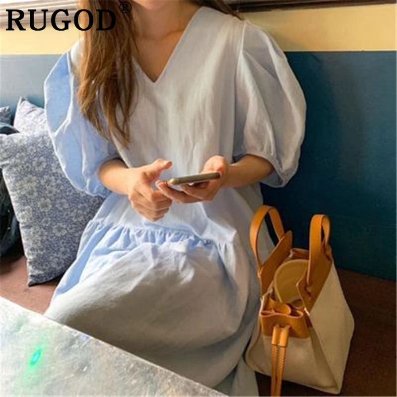 Женское длинное платье макси RUGOD однотонное синее с рукавами фонариками