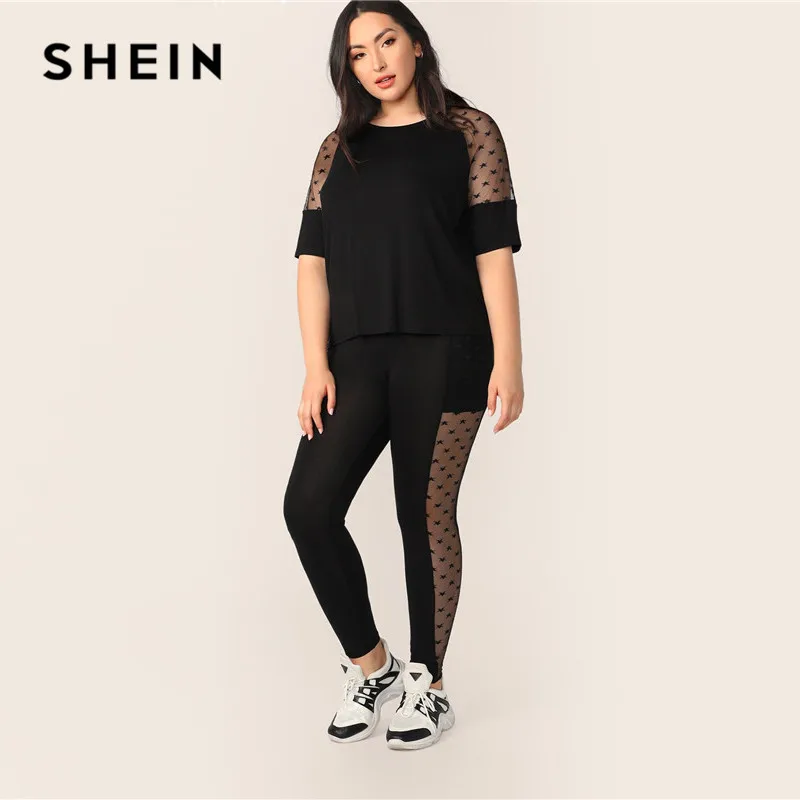 SHEIN, комплект из топа и леггинсов размера плюс, черная звезда, сетчатая вставка, рукав,, женский весенний комплект, полурукав реглан, эластичный, два предмета