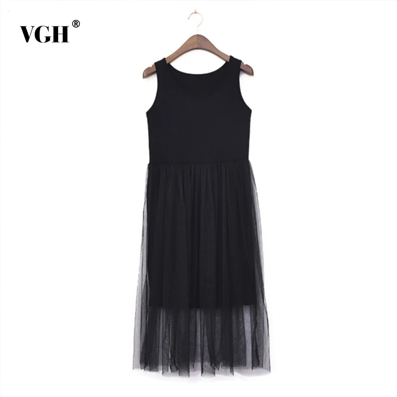

VGH 2018 Summer Sleeveless Mesh Dress Ladies Patchwork High Waist Oversize Basic O Neck Dresses Female Korean Fashion Clothing